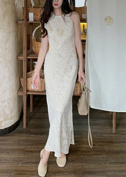 Floral Beige O-Neck Side Open Silk Long Dresses Sleeveless KK035 SH-LF-SDL240602