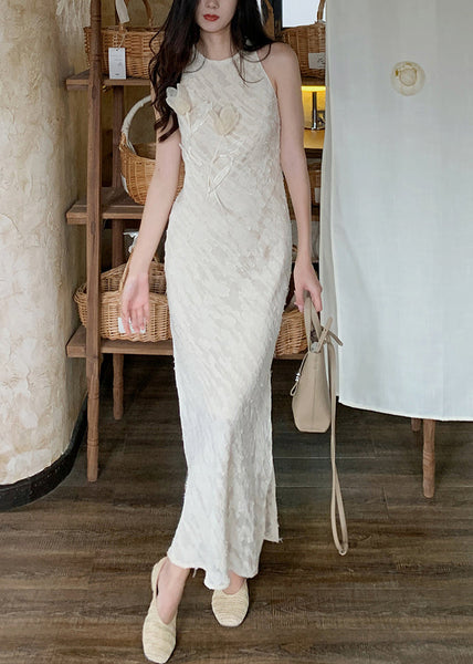 Floral Beige O-Neck Side Open Silk Long Dresses Sleeveless KK035 SH-LF-SDL240602