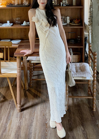 Floral Beige O-Neck Side Open Silk Long Dresses Sleeveless KK035 SH-LF-SDL240602