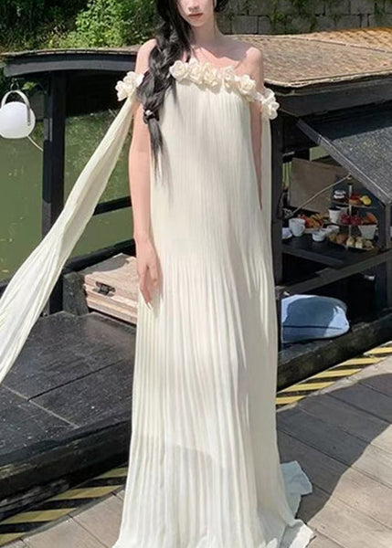 Neck Dresses Summer Maxi Solid Chiffon Floral Beige Slash FashionChic