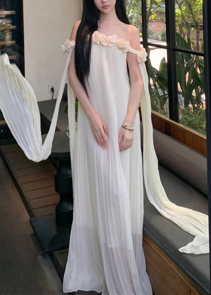 Neck Dresses Summer Maxi Solid Chiffon Floral Beige Slash FashionChic