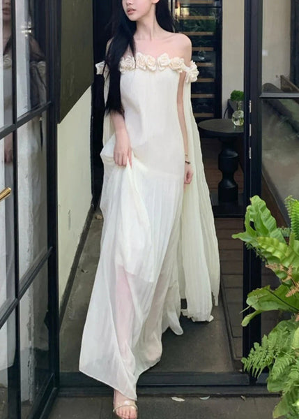 Neck Dresses Summer Maxi Solid Chiffon Floral Beige Slash FashionChic