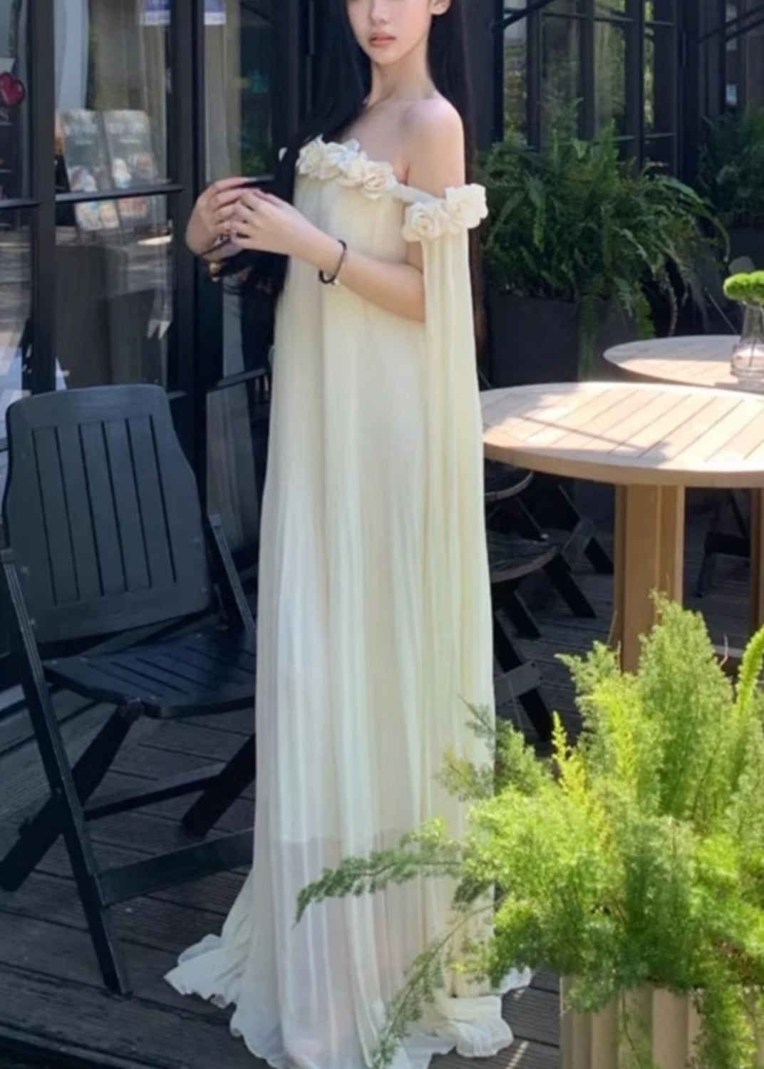 Neck Dresses Summer Maxi Solid Chiffon Floral Beige Slash FashionChic
