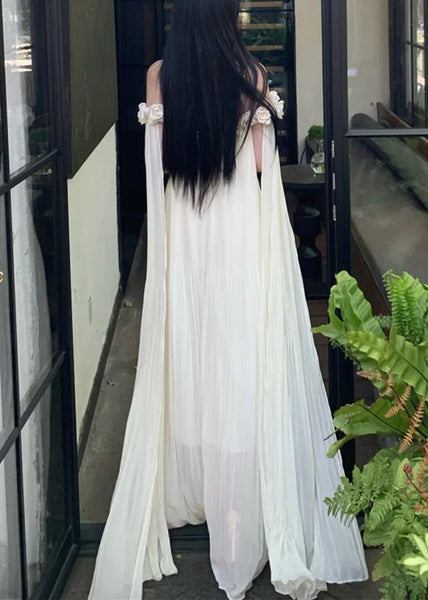 Neck Dresses Summer Maxi Solid Chiffon Floral Beige Slash FashionChic