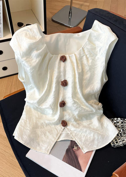 Floral Silk Square Beige Open Front Collar Summer Shirt FashionChic