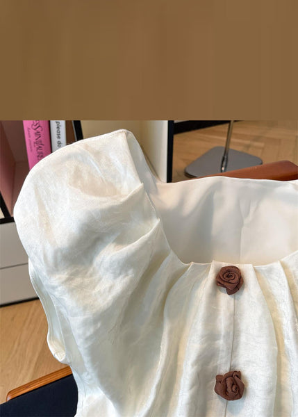 Floral Silk Square Beige Open Front Collar Summer Shirt FashionChic