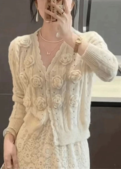 Floral Beige V Neck Hollow Out Knit Cardigans Winter WK016 OM-SW241119