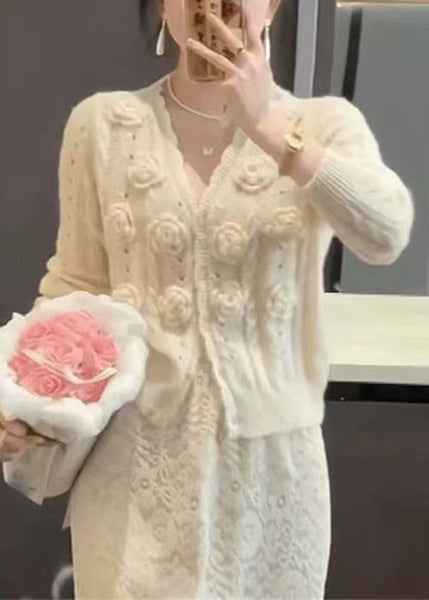 Floral Beige V Neck Hollow Out Knit Cardigans Winter WK016 OM-SW241119
