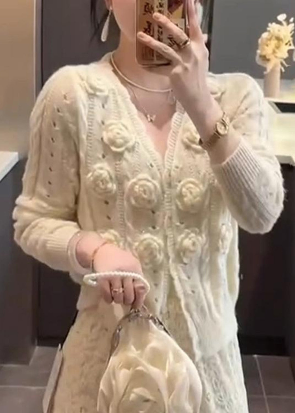 Floral Beige V Neck Hollow Out Knit Cardigans Winter WK016 OM-SW241119