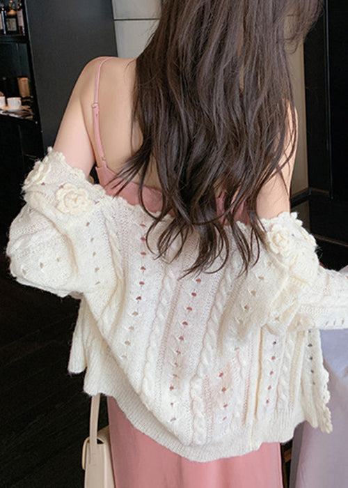 Floral Beige V Neck Hollow Out Knit Cardigans Winter WK016 OM-SW241119