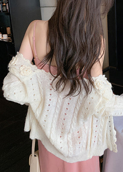 Floral Beige V Neck Hollow Out Knit Cardigans Winter WK016 OM-SW241119