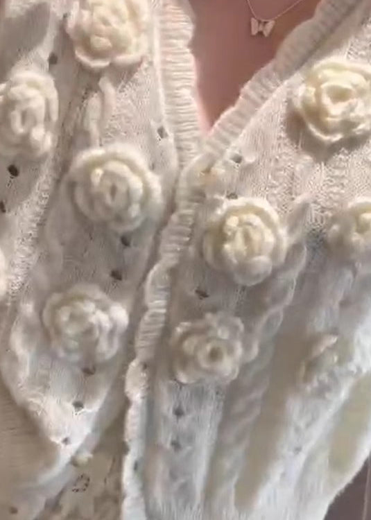 Floral Beige V Neck Hollow Out Knit Cardigans Winter WK016 OM-SW241119