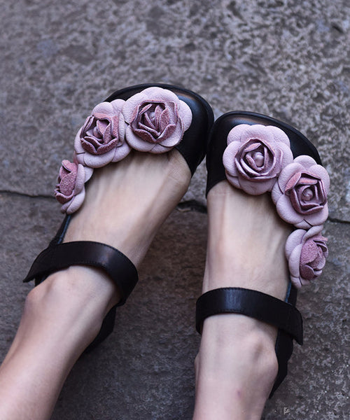 Floral Black Buckle Strap Splicing Leather Upper Baotou Walking Sandals RT1033 Ada Fashion