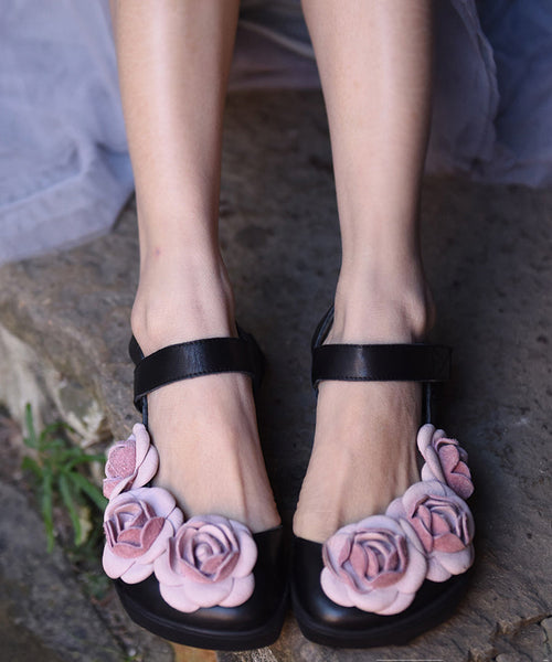 Floral Black Buckle Strap Splicing Leather Upper Baotou Walking Sandals RT1033 Ada Fashion