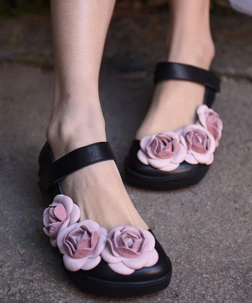Floral Black Buckle Strap Splicing Leather Upper Baotou Walking Sandals RT1033 Ada Fashion