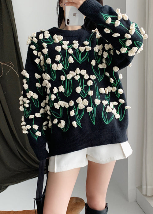 Floral Black O Neck Cozy Cotton Knit Sweater Winter WY007 OM-OL241106