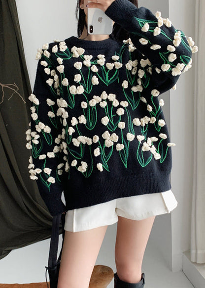 Floral Black O Neck Cozy Cotton Knit Sweater Winter WY007 OM-OL241106