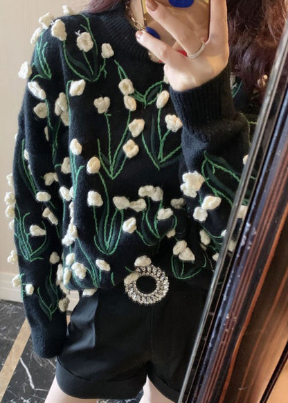 Floral Black O Neck Cozy Cotton Knit Sweater Winter WY007 OM-OL241106
