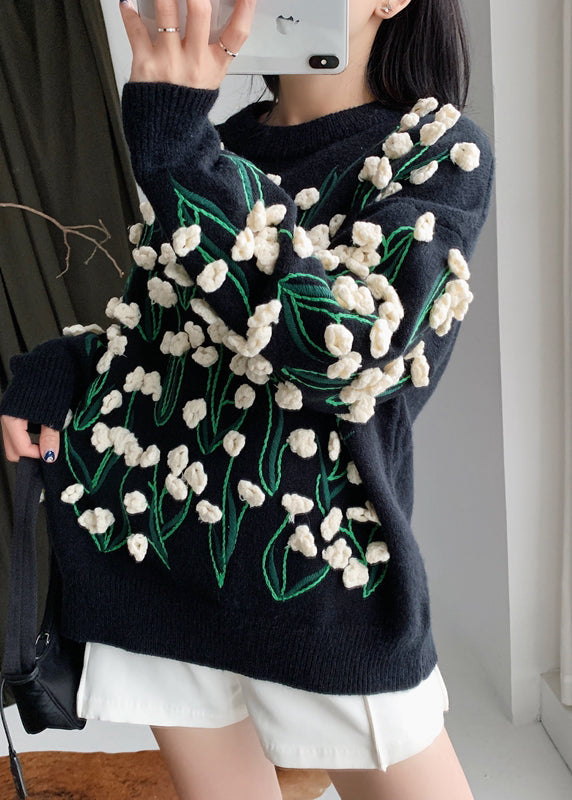 Floral Black O Neck Cozy Cotton Knit Sweater Winter WY007 OM-OL241106