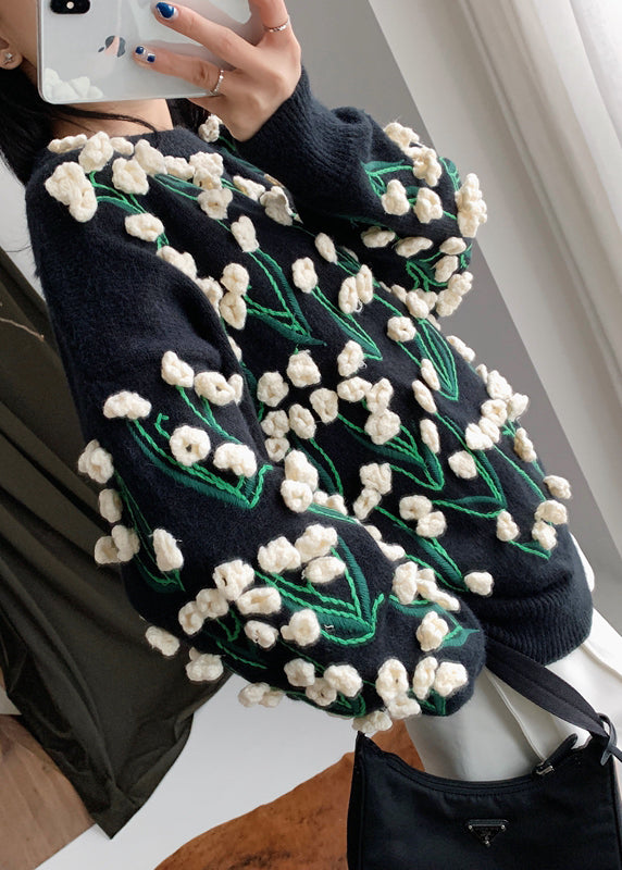 Floral Black O Neck Cozy Cotton Knit Sweater Winter WY007 OM-OL241106