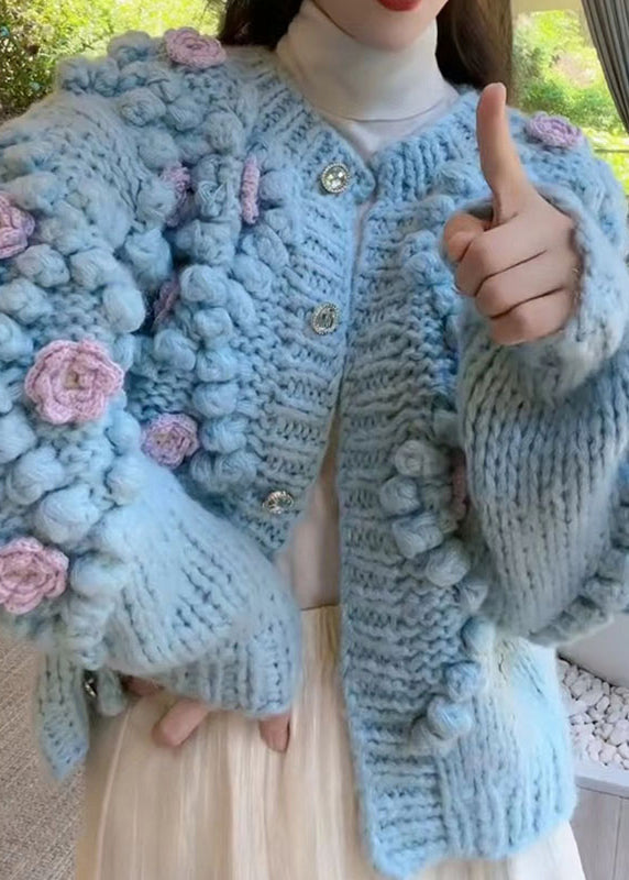 Floral Blue O Neck Button Cozy Knit Coat Winter WY009 OM-OL241106