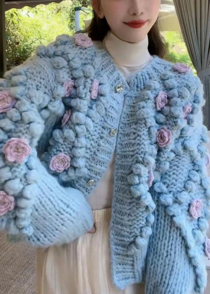 Floral Blue O Neck Button Cozy Knit Coat Winter WY009 OM-OL241106