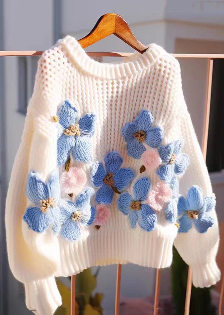 Floral Blue O Neck Hollow Out Cozy Knit Sweaters Fall QG018 OM-SW241015