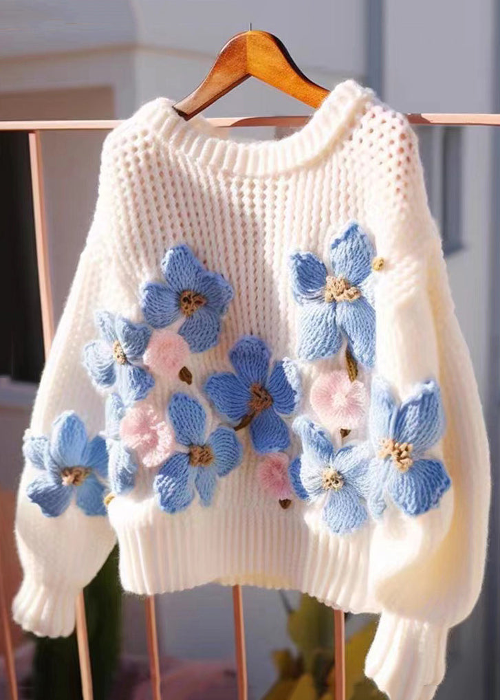 Floral Blue O Neck Hollow Out Cozy Knit Sweaters Fall QG018 OM-SW241015