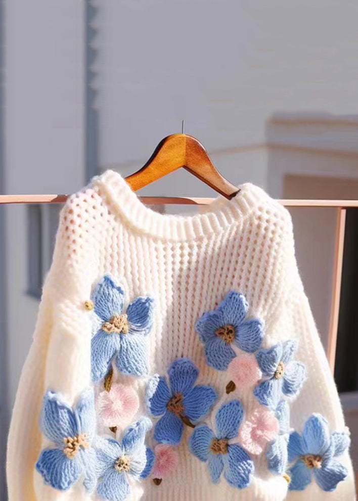 Floral Blue O Neck Hollow Out Cozy Knit Sweaters Fall QG018 OM-SW241015