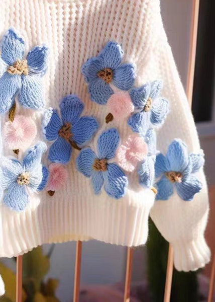 Floral Blue O Neck Hollow Out Cozy Knit Sweaters Fall QG018 OM-SW241015
