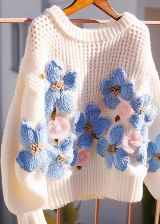 Floral Blue O Neck Hollow Out Cozy Knit Sweaters Fall QG018 OM-SW241015