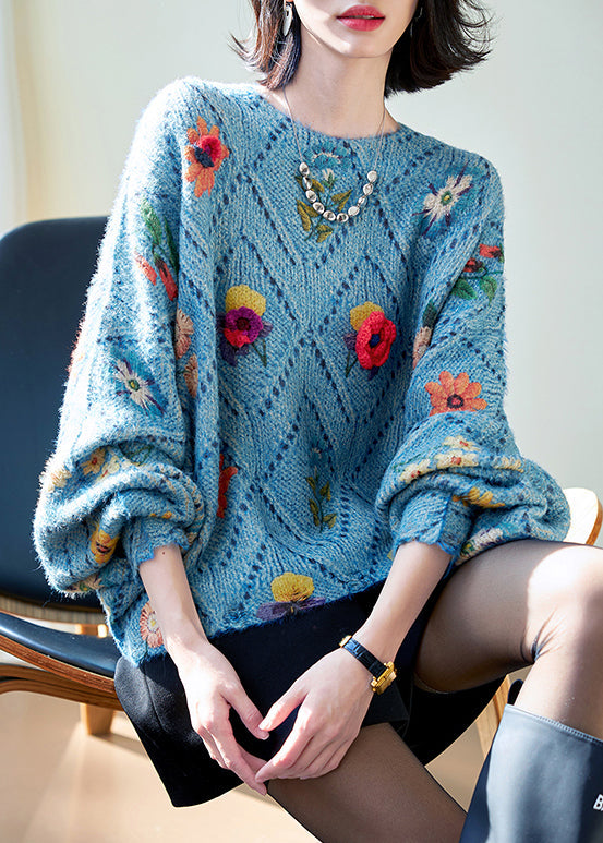 Floral Blue O-Neck Hollow Out Knit Sweaters Fall QS003 OM-BB241010