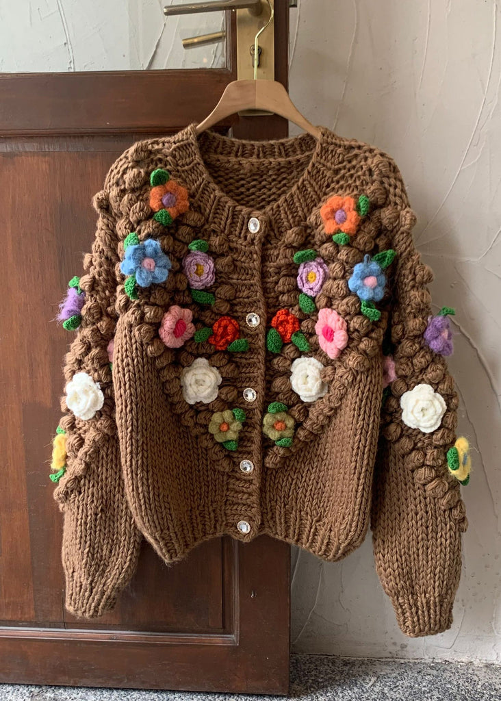 Floral Brown Button Cozy Patchwork Cotton Knit Coats Winter WY011 OM-OL241106