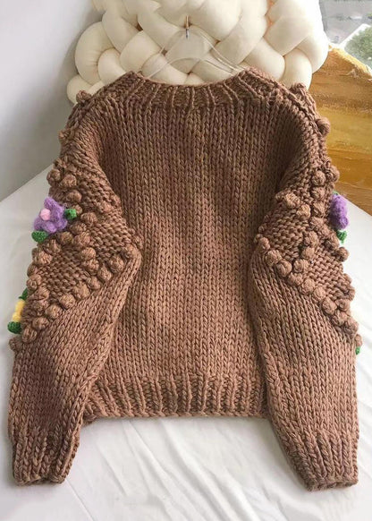 Floral Brown Button Cozy Patchwork Cotton Knit Coats Winter WY011 OM-OL241106