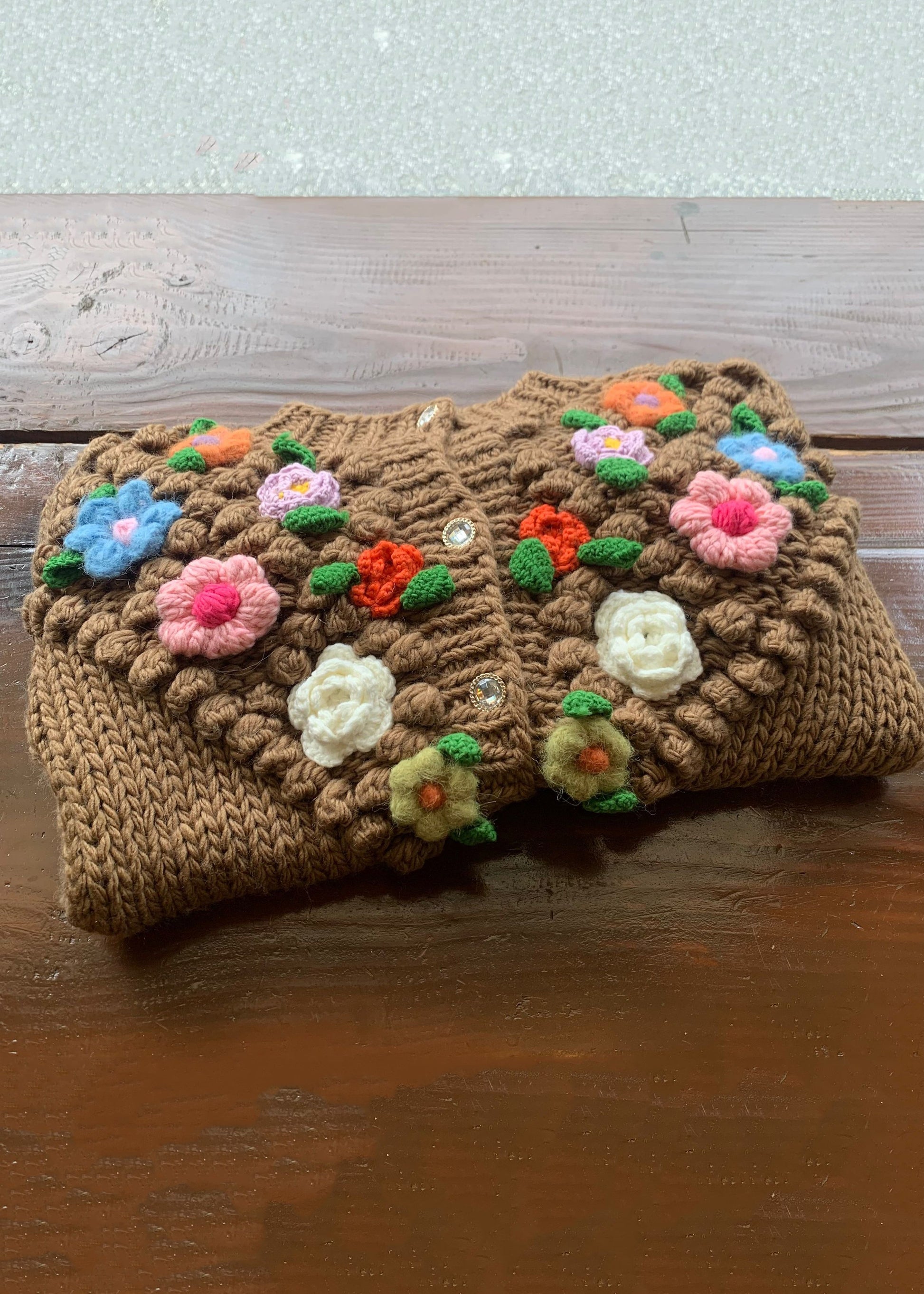 Floral Brown Button Cozy Patchwork Cotton Knit Coats Winter WY011 OM-OL241106