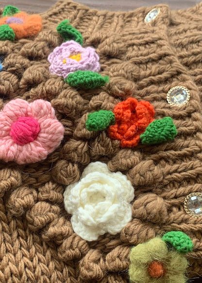 Floral Brown Button Cozy Patchwork Cotton Knit Coats Winter WY011 OM-OL241106