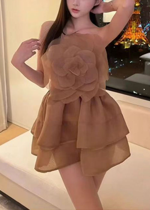 Floral Solid Shoulder Mini Cold Sleeveless Coffee Dresses FashionChic