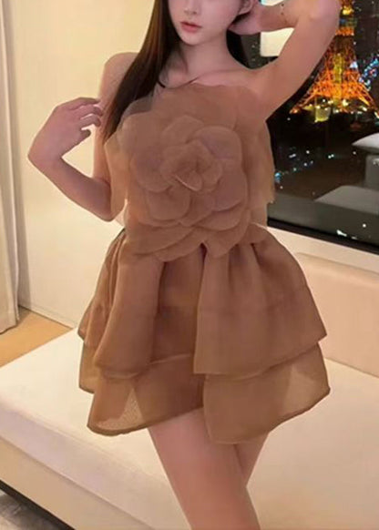 Floral Solid Shoulder Mini Cold Sleeveless Coffee Dresses FashionChic