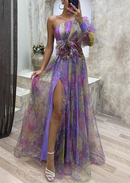 Floral Green Asymmetrical Side Open Tulle Dress Long Sleeve WW1034 Ada Fashion