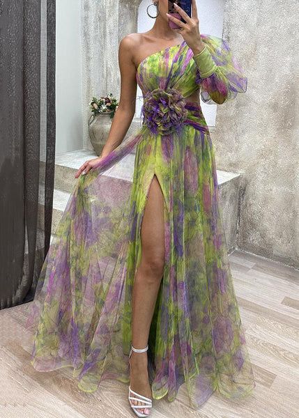 Floral Green Asymmetrical Side Open Tulle Dress Long Sleeve WW1034 Ada Fashion