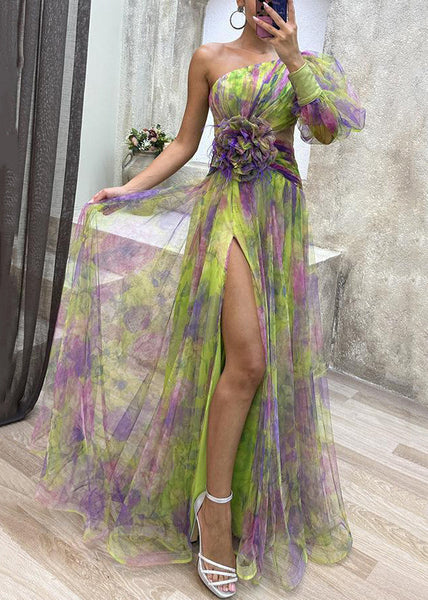 Floral Green Asymmetrical Side Open Tulle Dress Long Sleeve WW1034 Ada Fashion