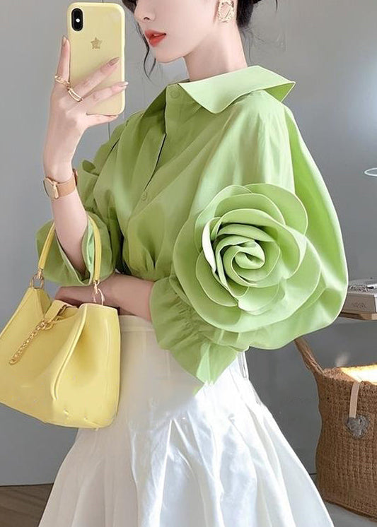 Cotton Blouses Half Pan Collar Button Green Floral sleeve Peter FashionChic