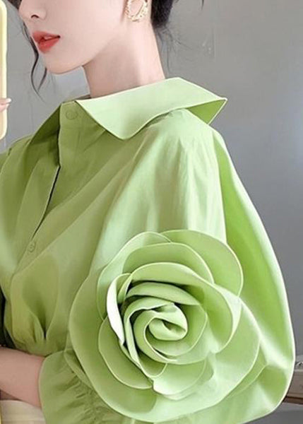 Cotton Blouses Half Pan Collar Button Green Floral sleeve Peter FashionChic