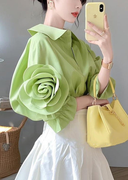 Cotton Blouses Half Pan Collar Button Green Floral sleeve Peter FashionChic