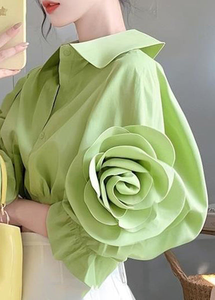 Cotton Blouses Half Pan Collar Button Green Floral sleeve Peter FashionChic