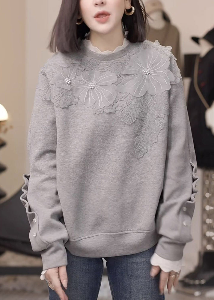 Floral Grey Nail Bead Loose Cotton Sweatshirt Fall RK030 ABC