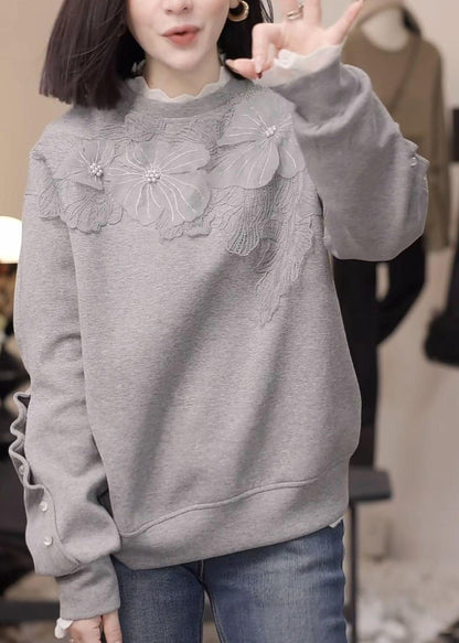 Floral Grey Nail Bead Loose Cotton Sweatshirt Fall RK030 ABC