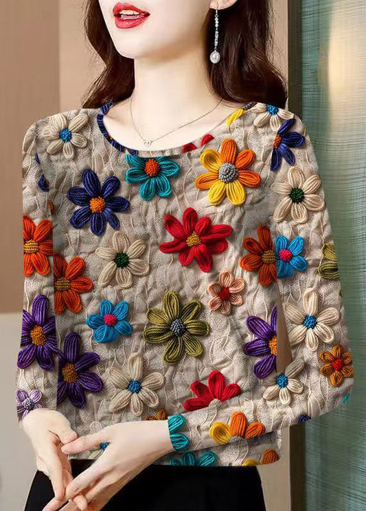 Floral Khaki O Neck Patchwork Cotton T Shirt Fall RK035 ABC