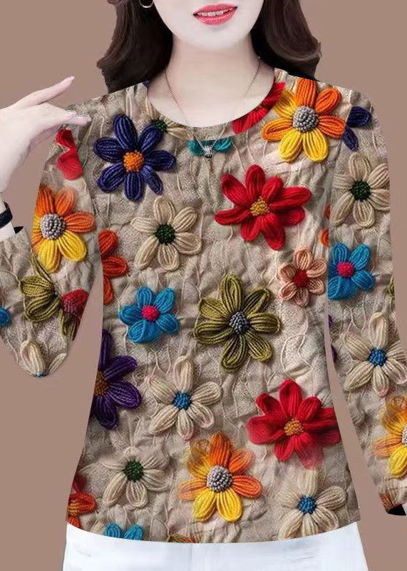 Floral Khaki O Neck Patchwork Cotton T Shirt Fall RK035 ABC