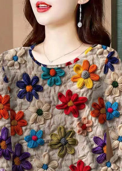 Floral Khaki O Neck Patchwork Cotton T Shirt Fall RK035 ABC